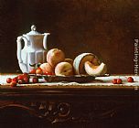 Maureen Hyde Canvas Paintings - Still Life with Cherries, Peaches, and Melon